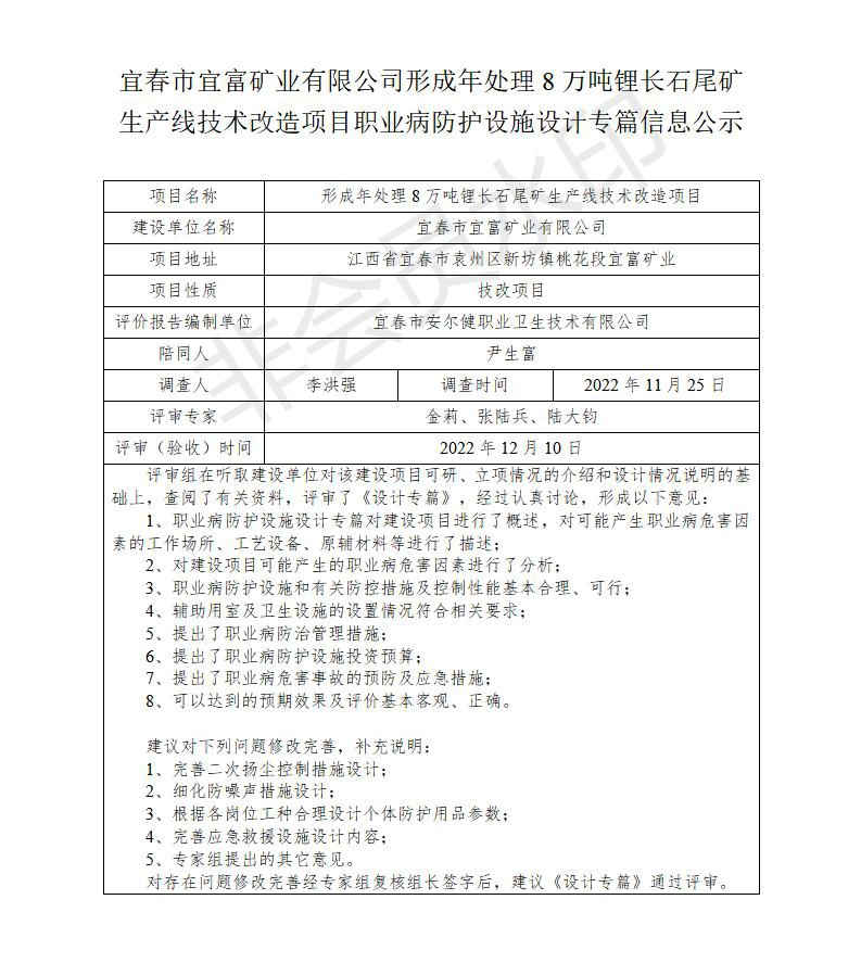 1671433404407145.jpg 宜春市宜富礦業(yè)有限公司形成年處理8萬噸鋰長石尾礦生產(chǎn)線技術(shù)改造項目 職業(yè)病防護(hù)設(shè)施三同時工作公示信息(設(shè)計)_01.jpg