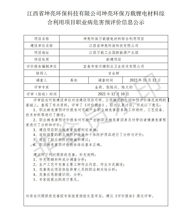 江西省坤亮環(huán)?？萍加邢薰纠ち镰h(huán)保萬載鋰電材料綜合利用項目職業(yè)病危害預評價信息公示.jpg