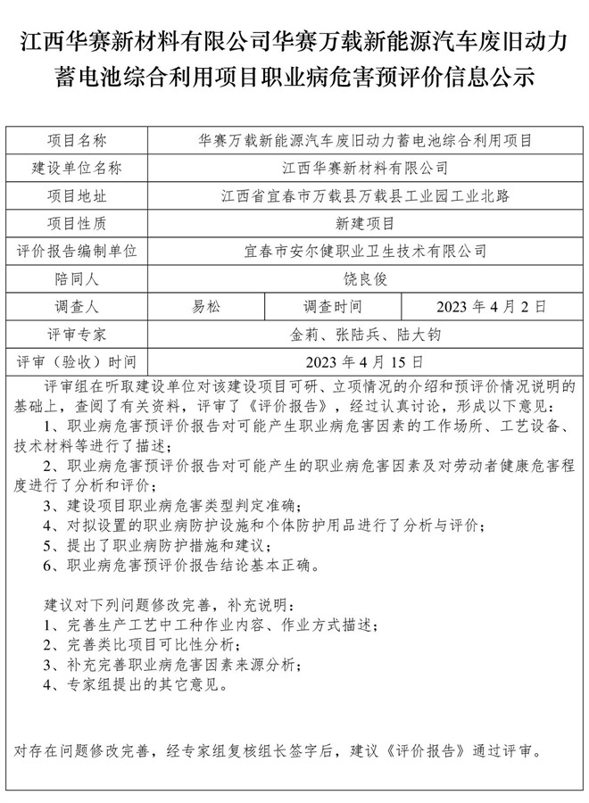 江西華賽新材料有限公司華賽萬載新能源汽車廢舊動力蓄電池綜合利用項(xiàng)目職業(yè)病危害預(yù)評價(jià)信息公示.jpg